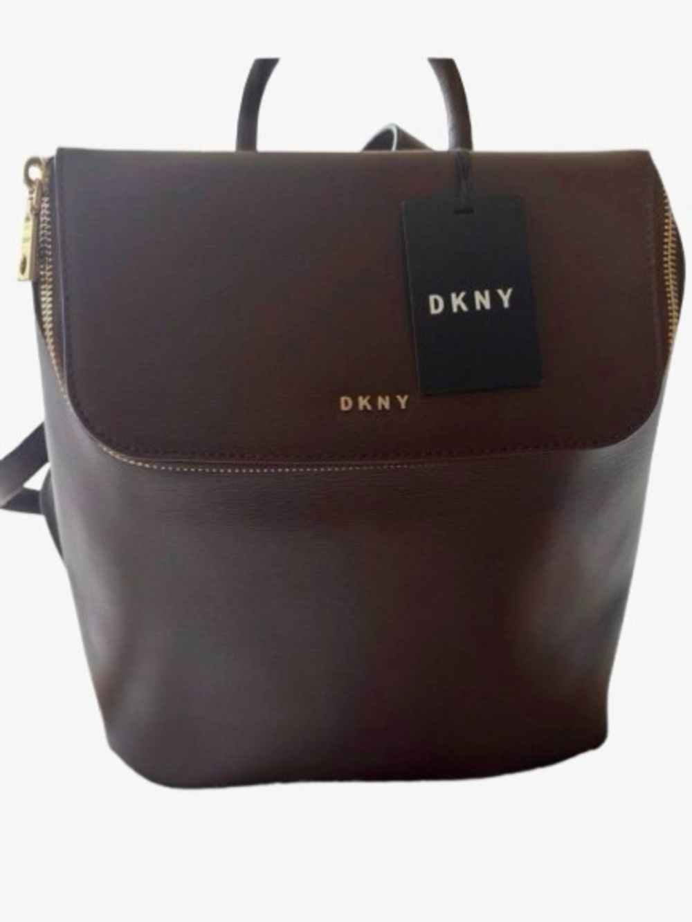 DKNY Brown Leather Top-Zip  Sleek Backpack with Gold Hardware